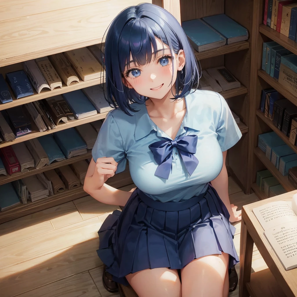1 Solo 1 person high school girl 17-year-old female Bobcut dark blue hair color High School Uniform Light blue Y-shirt Short sleeve Blue Ribbon dark blue hair color Slim figure Large Breasts Full body portrait 学校のlibrary Smiling Kindly Laugh a little library Squat Place your hands in front of your knees Put your hands on the floor