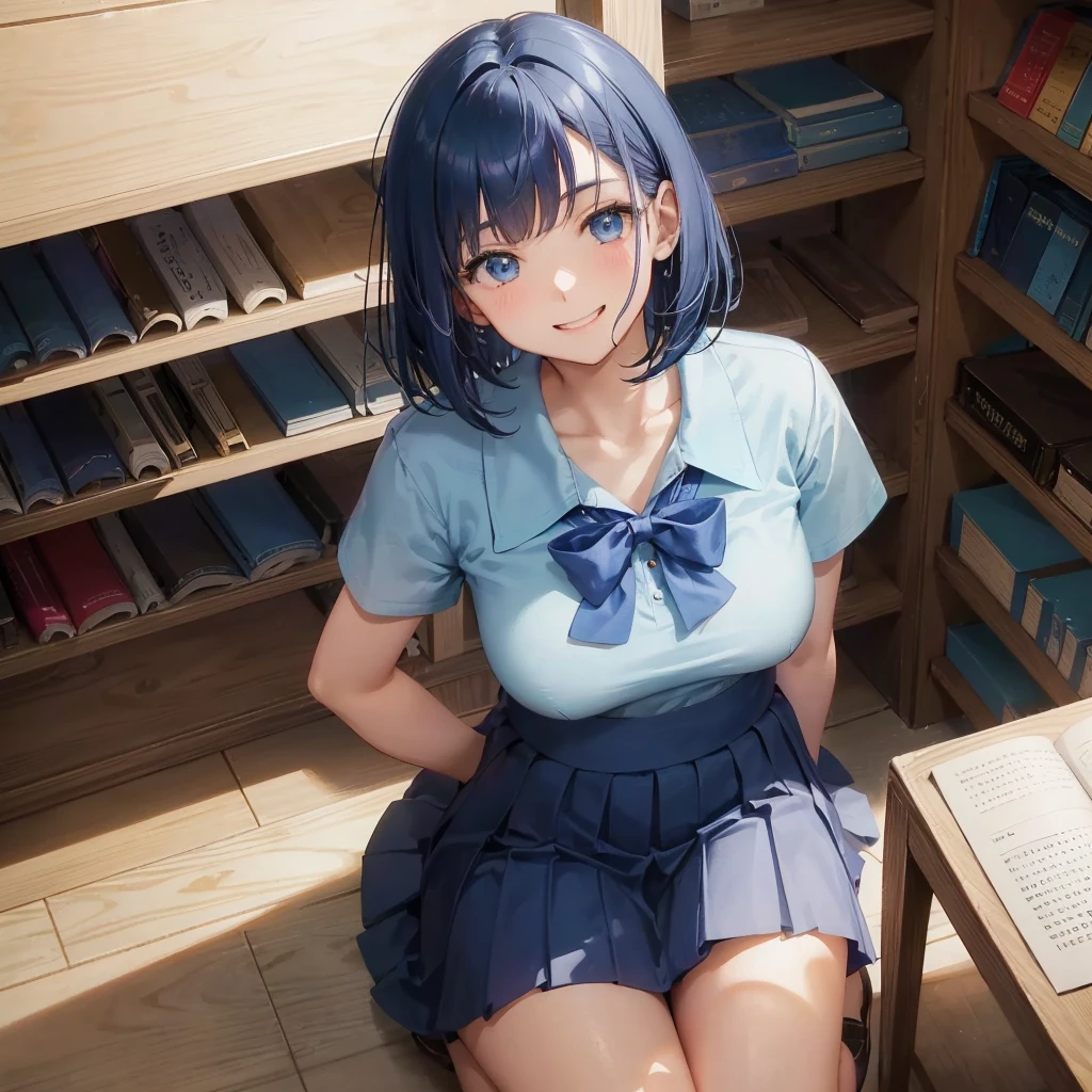 1 Solo 1 person high school girl 17-year-old female Bobcut dark blue hair color High School Uniform Light blue Y-shirt Short sleeve Blue Ribbon dark blue hair color Slim figure Large Breasts Full body portrait 学校のlibrary Smiling Kindly Laugh a little library Squat Place your hands in front of your knees Put your hands on the floor