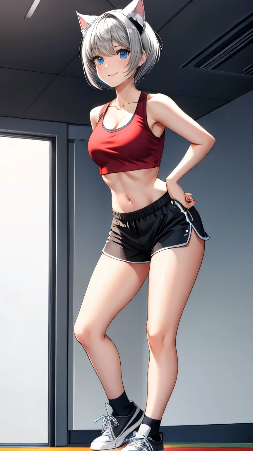 (masterpiece), (best quality), (High quality), BREAK, expressive eyes, BREAK, perfect face, (1girl), (grey cat ears), (medium hair, grey hair), ((pixie cut)), BREAK, (big eyes, perfect eyes, blue eyes, thick eyelashes), thin eyebrow, BREAK, ((smile)), BREAK, (short height), BREAK, slim bulid, BREAK, (medium breasts), (clevage), BREAK, (red cropped tanktop: 1.3), BREAK, ((black shorts: 1.1, tight fit: 1.3, low-waist: 1.4)), BREAK, (sneakers),  BREAK, (standing), (view from the fromt, bend over), (face focus), (full body), BREAK, (gym, crowded)