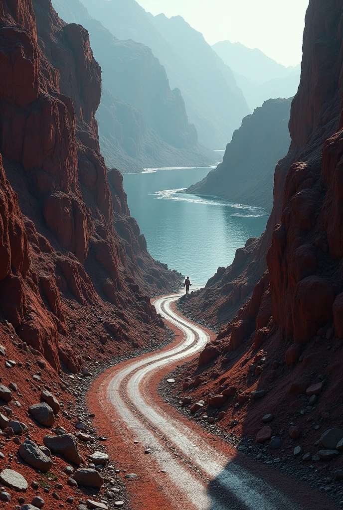 Danger road with rocks red carpet water