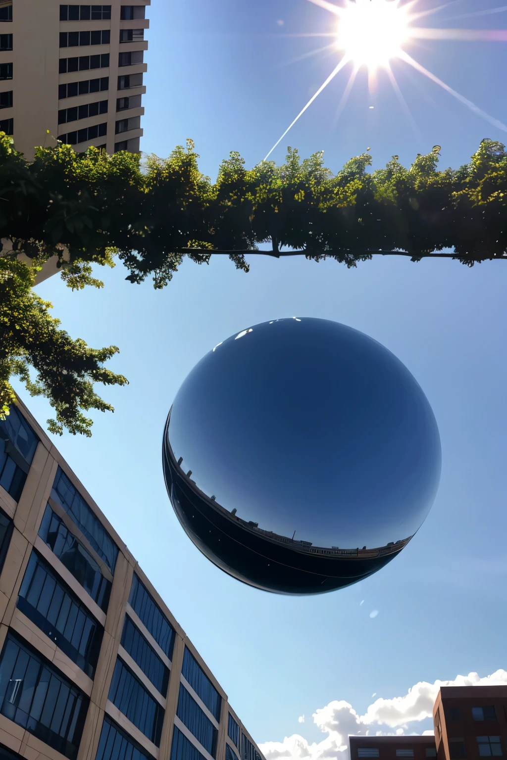 As I drove north on Park Heights avenue towards Pikesville, Maryland, I saw a huge, perfectly mirrored & slightly flattened sphere, 2000 feet high in the sky above my 3-storey tall office building at 1pm on July 31, 1997. The sun was reflecting off the top left edge of the sphere & there were no clouds in the sky.