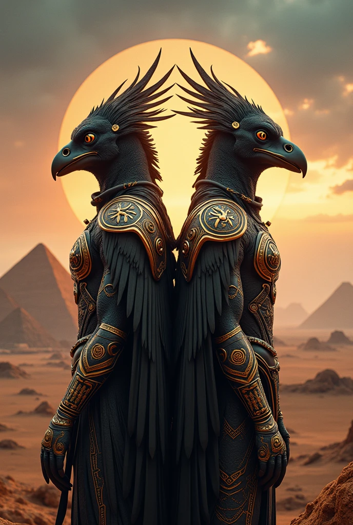 A striking, ultra-realistic 32K masterpiece movie poster for the dramatic sci-fi film "GODS OF THE SERENGETI: THE DIVINE TWINS 1347" features two magnificent twin brothers, human alien-avian demigods with striking black African features. The brothers stand back-to-back, wearing elaborate feathered wings and high-tech regal armor adorned with intricate alien symbols. The poster's background showcases a fantastical sci-fi landscape, with pyramids being constructed by a primitive species, vibrant skies, and distant mountains. The natural, dynamic color palette adds to the mystical, epic atmosphere. The bold, elegant alien-inspired font displays the title, subtitle, and author's name, 'TERRANCE JAMES', prominently in bold italic Times New Roman font, poster, dark fantasy, photo, cinematic. The high-resolution image boasts an unparalleled level of detail, showcasing the soft, expressive, and highly detailed face of the awe-inspiring human-avian bird deity (actual:1). Every pore and vein on his face is visible, reflecting the photo-realistic quality. The natural color, 16K Ultra HD, 3D rendered image, powered by Unreal Engine v5.2,