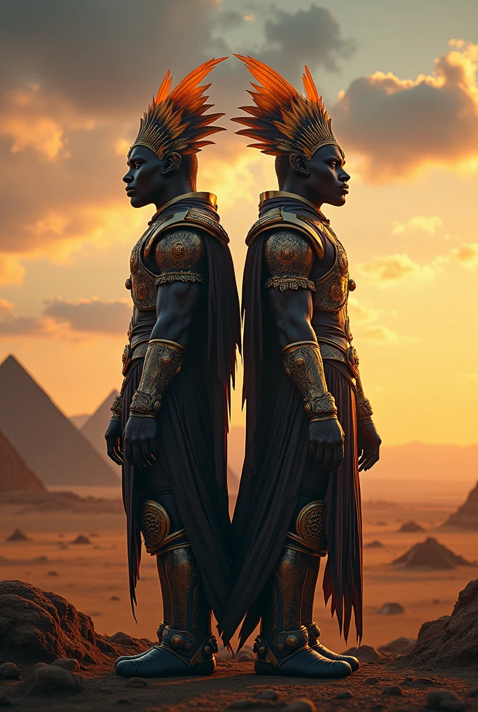 A striking, ultra-realistic 32K masterpiece movie poster for the dramatic sci-fi film "GODS OF THE SERENGETI: THE DIVINE TWINS 1347" features two magnificent twin brothers, human alien-avian demigods with striking black African features. The brothers stand back-to-back, wearing elaborate feathered wings and high-tech regal armor adorned with intricate alien symbols. The poster's background showcases a fantastical sci-fi landscape, with pyramids being constructed by a primitive species, vibrant skies, and distant mountains. The natural, dynamic color palette adds to the mystical, epic atmosphere. The bold, elegant alien-inspired font displays the title, subtitle, and author's name, 'TERRANCE JAMES', prominently in bold italic Times New Roman font, poster, dark fantasy, photo, cinematic. The high-resolution image boasts an unparalleled level of detail, showcasing the soft, expressive, and highly detailed face of the awe-inspiring human-avian bird deity (actual:1). Every pore and vein on his face is visible, reflecting the photo-realistic quality. The natural color, 16K Ultra HD, 3D rendered image, powered by Unreal Engine v5.2,