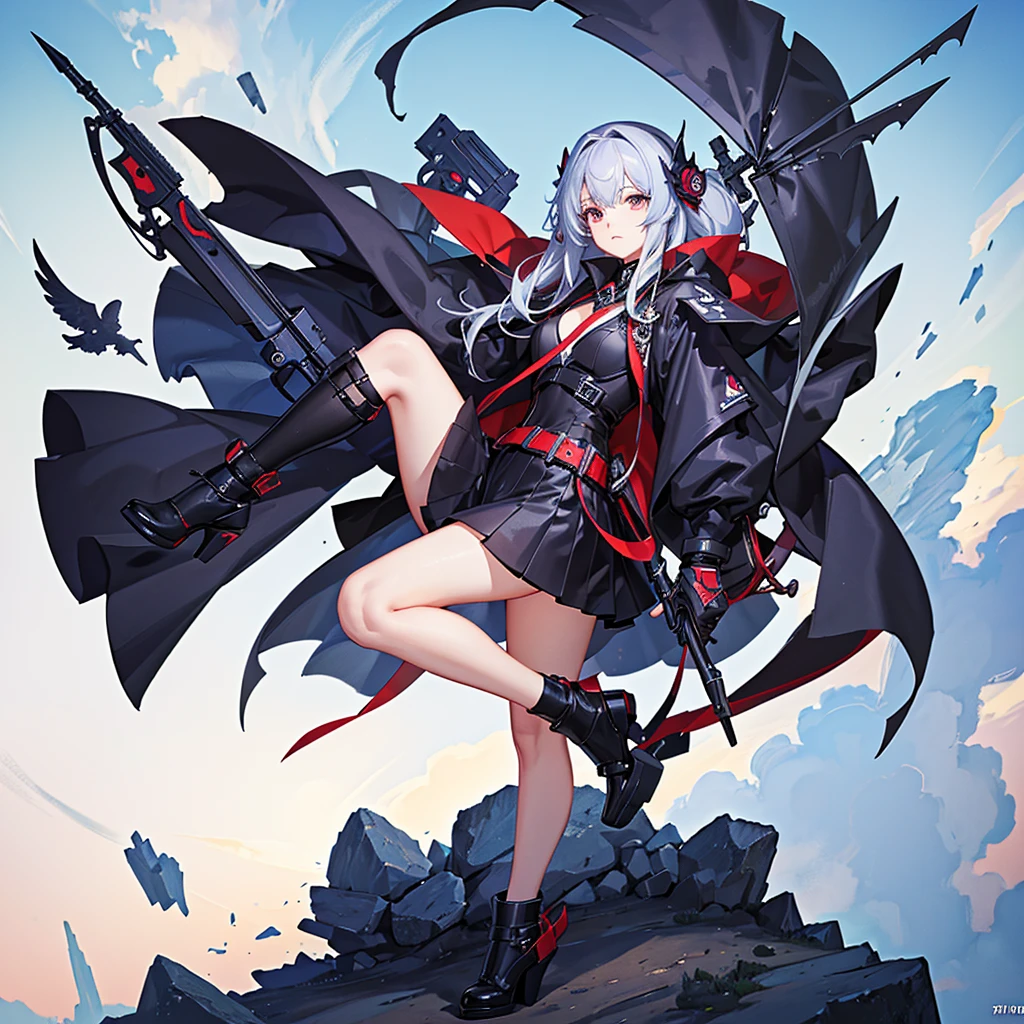 1girl,(((Highest quality、Masterpiece、Official Art、The best dynamic composition、Super detailed)))、Anime Style、Perfect physique、The coolest pose、Cute Grim Reaper、Death&#39;s scythe is red and black、Detailed engraving、Black hooded cloak、Super huge、detailed、In the middle of swinging down a scythe with both hands、