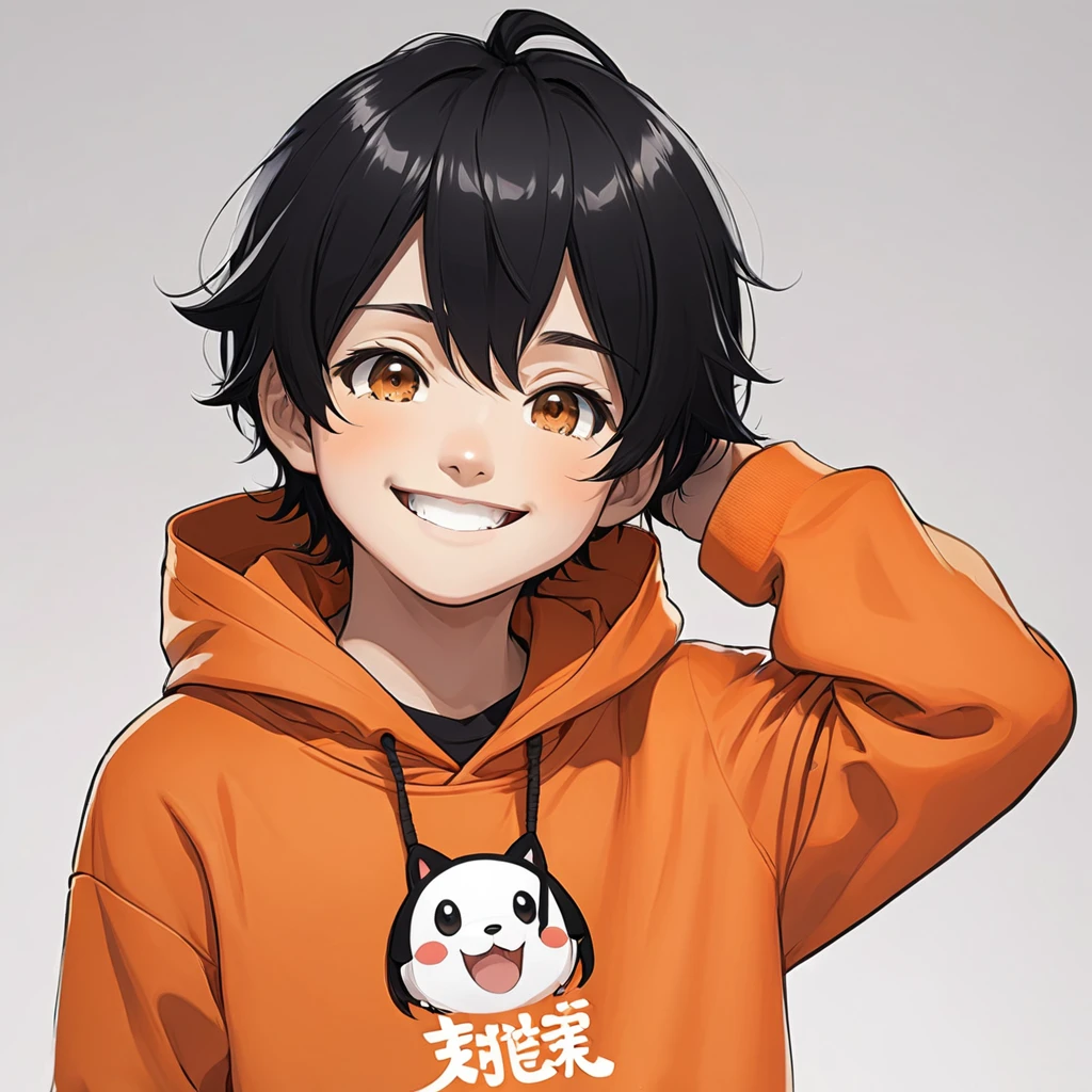 Cute little boy、anime、mascot、Orange hoodie、The background is simple white、Black Hair、Upper body from the waist up 、Smiling、One person