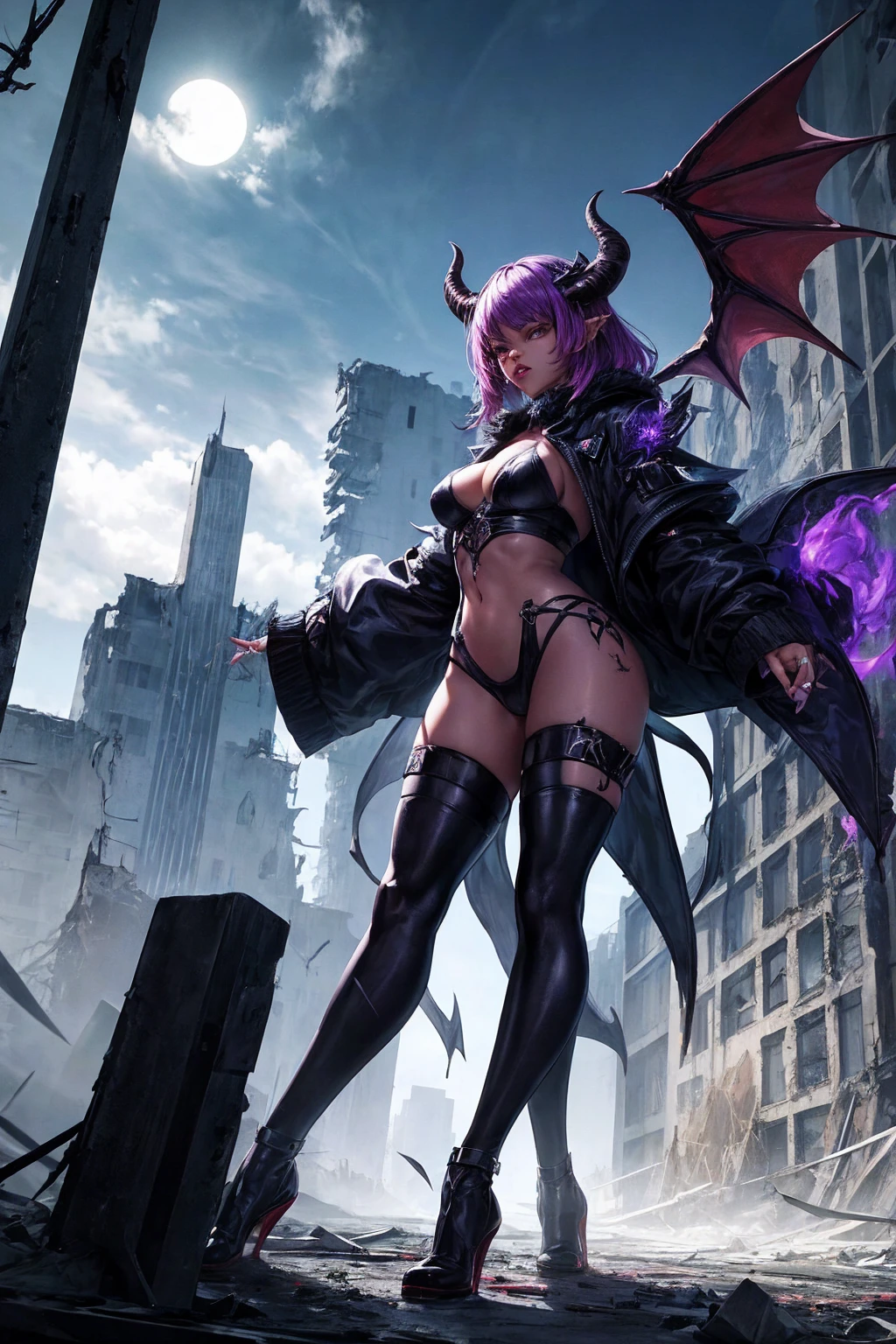 Rihanna hyper-giant, Hyper-powerful demon with two demon horns on his head and demon wings, Purple lightning fire on a building and shatters buildings , ville en ruine post apocalyptique,