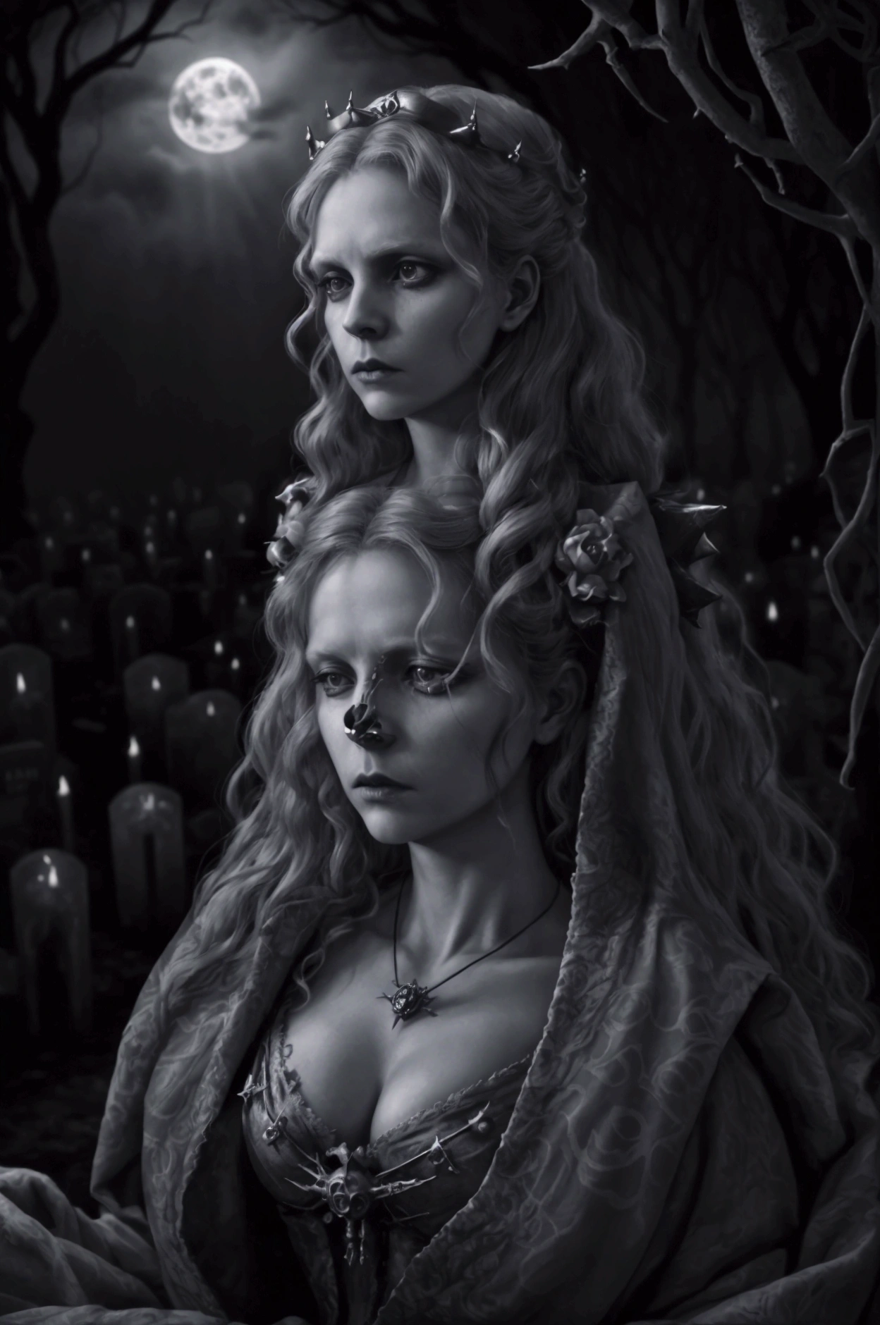 intricate ghostly queen of the dead, crown of thorns, phantasmal spectre, full body view, graveyard, full moon, ethereal, highly detailed, dark fantasy, dramatic lighting, moody atmosphere, melancholic, chiaroscuro, deep shadows, gothic, dramatic, cinematic, photorealistic, hyper detailed, masterpiece