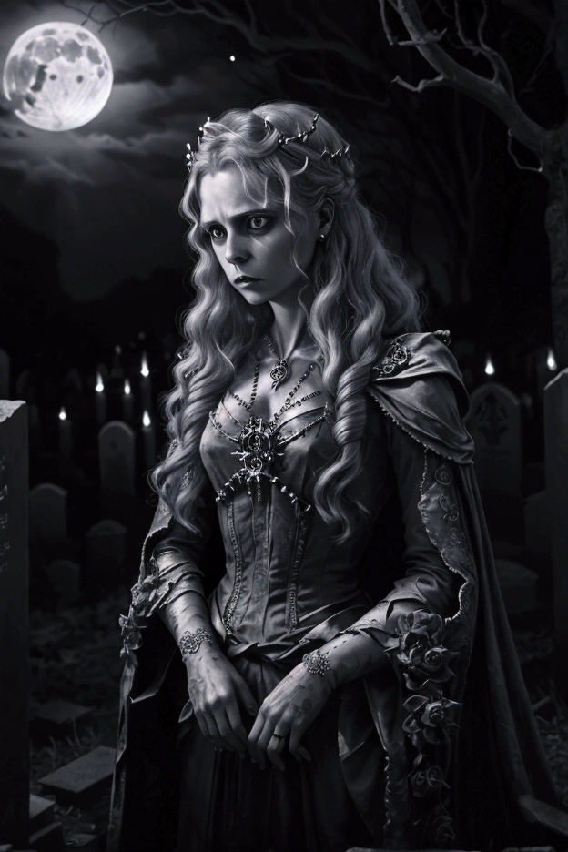 intricate ghostly queen of the dead, crown of thorns, phantasmal spectre, full body view, graveyard, full moon, ethereal, highly detailed, dark fantasy, dramatic lighting, moody atmosphere, melancholic, chiaroscuro, deep shadows, gothic, dramatic, cinematic, photorealistic, hyper detailed, masterpiece