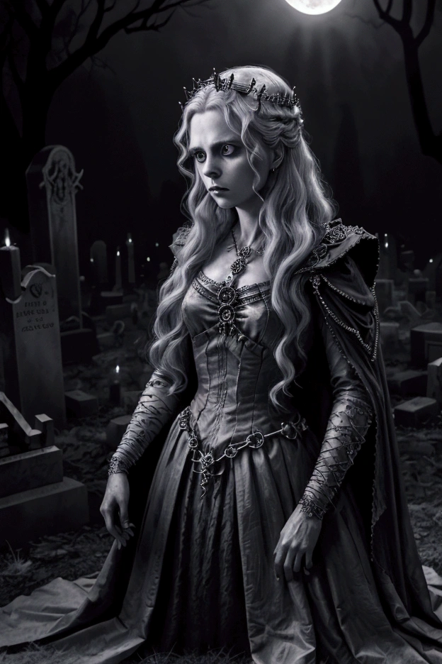 intricate ghostly queen of the dead, crown of thorns, phantasmal spectre, full body view, graveyard, full moon, ethereal, highly detailed, dark fantasy, dramatic lighting, moody atmosphere, melancholic, chiaroscuro, deep shadows, gothic, dramatic, cinematic, photorealistic, hyper detailed, masterpiece