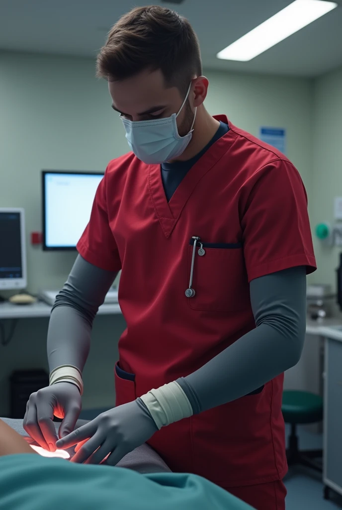 Doctor in red scrubs wearing grey shoes and grey arm guard sleeves on both hand