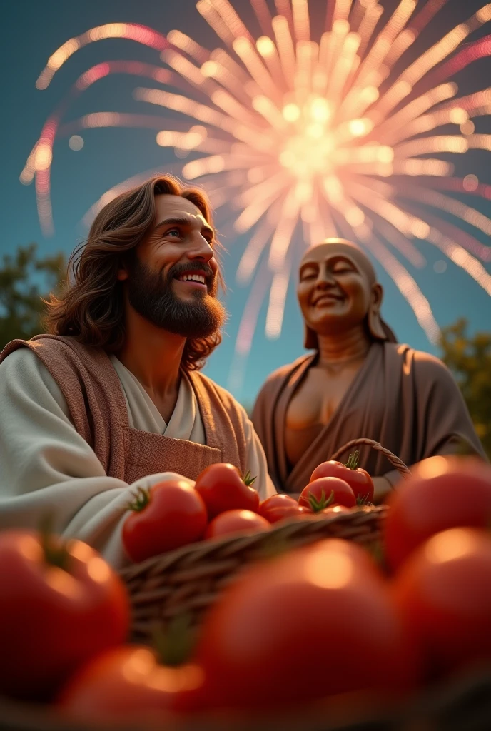 Jesus Christ and Buddha harvesting tomatoes. They look up at the fireworks with wise and benevolent faces. they are smiling happily. they are shining. Surrounded by rainbow-colored light. Jesus of Nazareth is depicted as a gentle, gentle man with shoulder-length hair. His wavy brown hair flows over his shoulders. His captivating hazel eyes convey deep wisdom and empathy, radiating warmth and understanding. The Buddha is depicted as a kind-hearted Japanese man with a shaved head and a calm and cheerful expression. His captivating dark eyes convey deep wisdom and empathy, radiating warmth and understanding. They put on aprons and put tomatoes in baskets to harvest. Photography, close-up, highly detailed, trending at the art station, sharp focus, studio shot, intricate details, Greg Rutkowski,