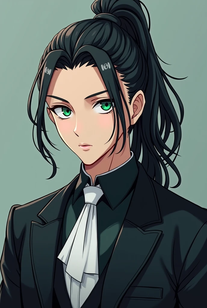 A man of about 25 years old with green eyes and black long hair, braided in a high ponytail and shaved temples. In formal clothes. In full-length anime style. Not with a scythe.