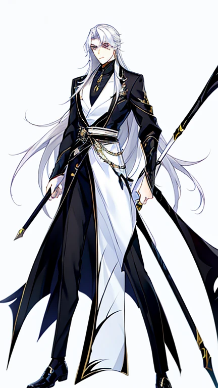 Handsome, solo, 1 male, long hair, white hair, yelow eye, wearing a black shirt, and black dress shoes, standing while holding a black halberd.