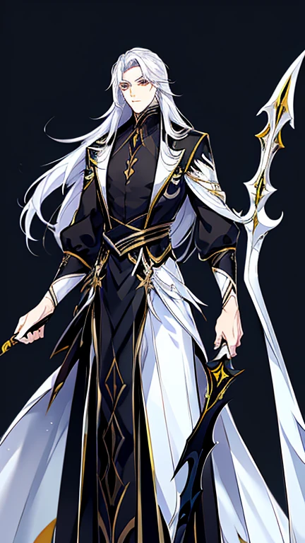 Handsome, solo, 1 male, long hair, white hair, yelow eye, wearing a black shirt, and black dress shoes, standing while holding a black halberd.