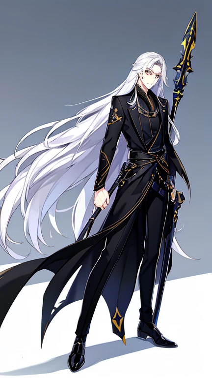 Handsome, solo, 1 male, long hair, white hair, yelow eye, wearing a black shirt, and black dress shoes, standing while holding a black halberd.