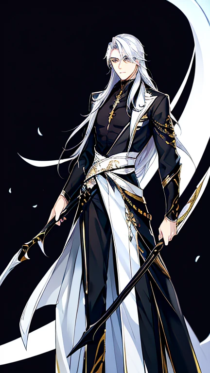 Handsome, solo, 1 male, long hair, white hair, yelow eye, wearing a black shirt, and black dress shoes, standing while holding a black halberd.