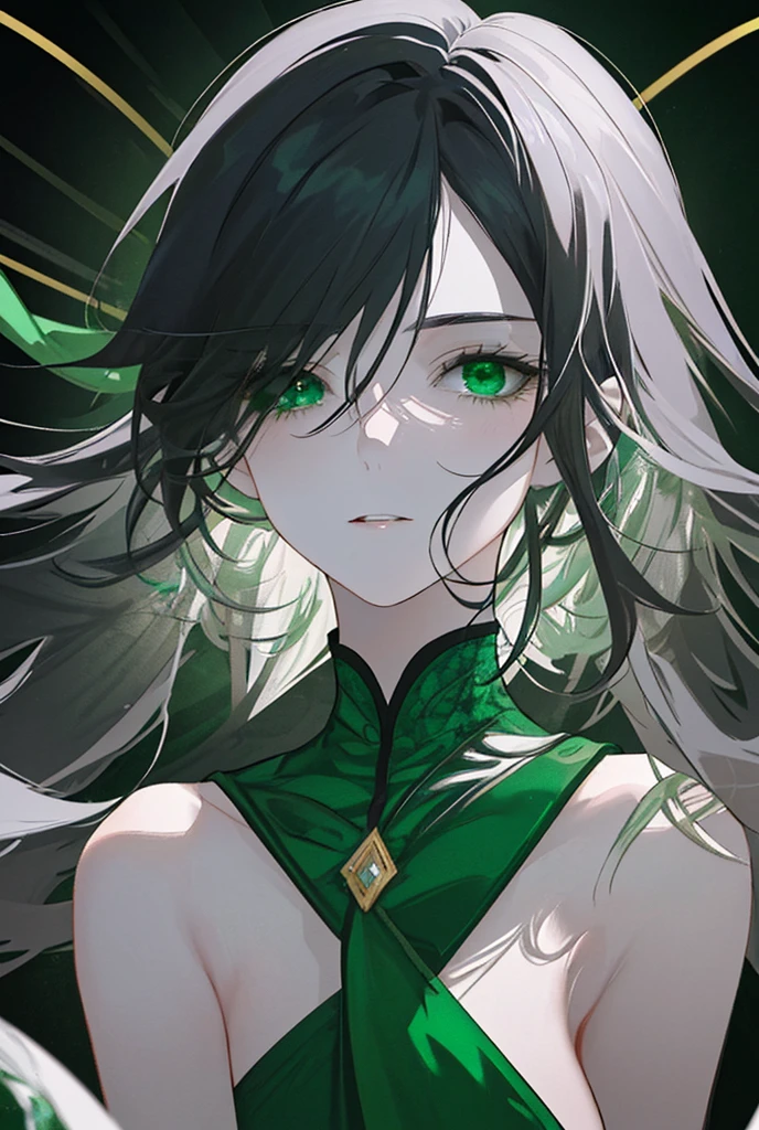 A man of ethereal beauty, with a delicate and refined appearance. Her hair is black as night, falling in soft waves around her face, contrasting with her pale and smooth skin. Her eyes are the most striking: large and expressive, of a deep green that recalls emeralds, reflecting a soft, captivating light. Her long, thick eyelashes frame her eyes, giving her an even more delicate and enigmatic air. Her face is finely featured, with a soft jawline and thin lips that often curve into a slight, enigmatic smile. She has a slim and elegant figure, with a bearing that radiates a subtle blend of grace and mystery.
