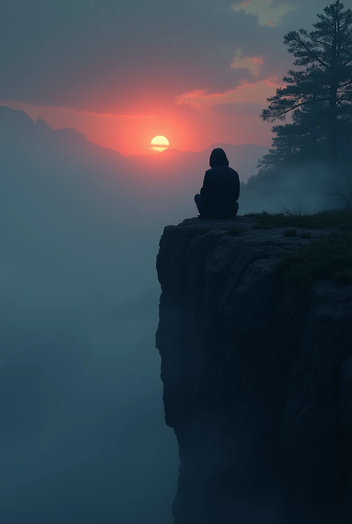 A cover with a dark background of a person sitting on a cliff watching paradise at night and seeing the sunrise in the distance
