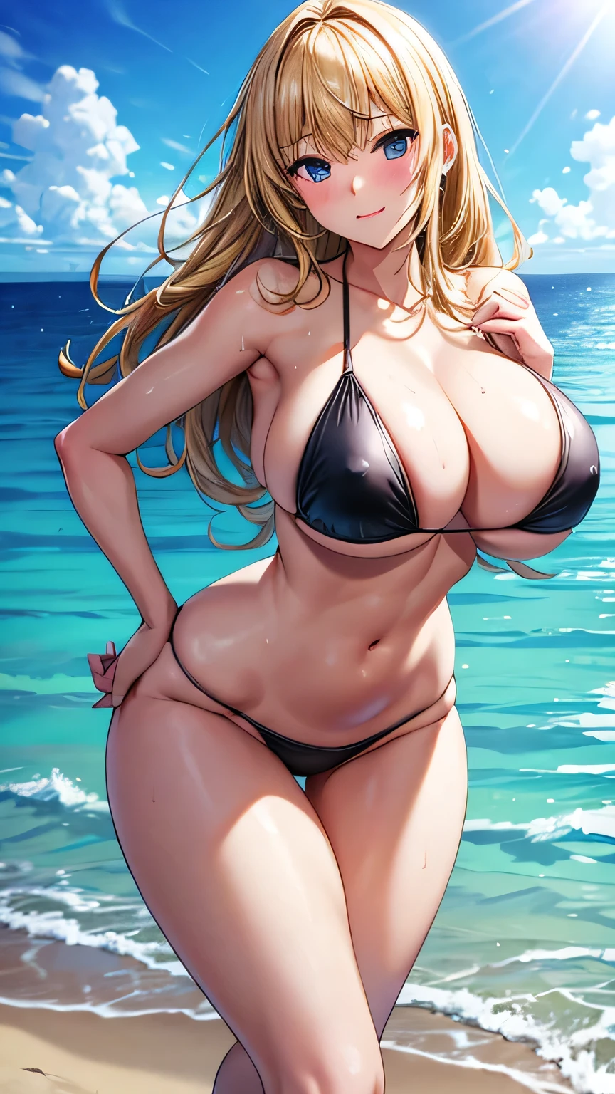 1girl, Beautiful blonde slut, Detailed face, Detailed body, black eye, Thick long black hair, Huge breasts, Wide Hips, Thigh Gap, Small waist, Big Tits, Tight and hard nipples, Sexy latex, Walking on the beach, Ocean Waves, Golden Sand, Warm sunshine, Realistic, High resolution, Cinema Lighting, Vibrant colors, Detailed skin texture, masterpiece, 最high quality, high quality, High resolution､White micro bikini set