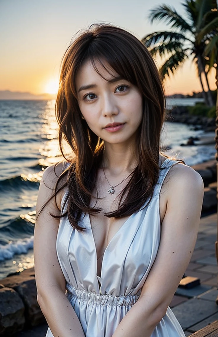 、Noble dress、Palm Tree、Lens flare、Hawaiian Landscape、Photos that make you feel midsummer、bright々and pouring sunlight、(Barely、:1.4)、ビーチでBarely、Excited girl、The sky turns red、、Light brown hair、Elegant hairstyle、Blue Eyed Woman、A woman with a cute upward gaze、When the sky gets dark、The sky turns red as the sun sets、Luxury Bagedium Shorthair:1.4））、The sun shines on her、Light brown hair、Light brown hair、The sky was dyed red、There are clouds、private's cute、彼女のAmple breastsは服の上からでも明らかです.、輝く太陽はとてもbeautiful、Dusk is approaching、Lens flare、I can see the sunset、（（Sunlight reflecting off the ocean、Ocean View、The sun shines on the sea、&#39;beautiful.、Small earrings、private&#39;evening、Birds are also flying、、Brown Hair Color、Tying up hair、The woman is on the right:1.4））、Luxury leather belts、Shiny clothes、Light beige hair color、Background Blur、Braid only the front hair、Light brown hair、｛｛Cowgirl Shot｝｝、（（Close-up shot from the waist up、Ample breasts:1.4））、Braid only the front hair、Cowboy Shot、（（Ample breasts））、Full body photo、ring、Tuck your hair behind one ear、Silver Necklace、smile、 Elegant ponytail、Caustics、Highly detailed photos、Very beautiful and ideal short hair、Super no makeup、(8k、RAW Photos、Highest quality、masterpiece:1.2)、(Realistic、Realistic)、1 girl、((Medium Short Hair、Looking into the camera:1.4))、Hair blowing in the wind
