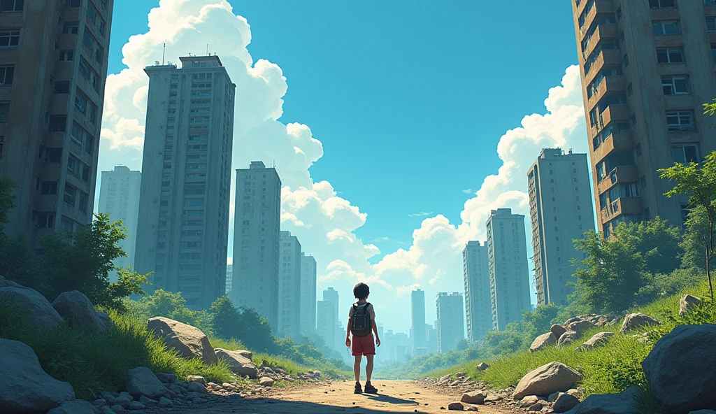 post apocalypse, Cool summer, A little explorer alone there, Destroyed high-rise buildings , Anime-style , Magnificence