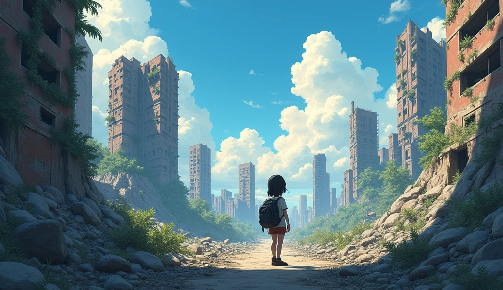 post apocalypse, Cool summer, A little explorer alone there, Destroyed high-rise buildings , Anime-style , Magnificence
