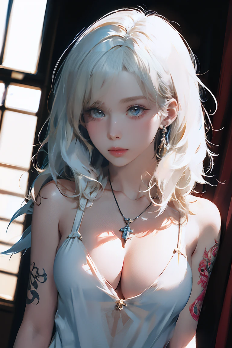 ((woman with tattoo on chest)), girl, Short white hair with bangs, Black strands of hair, Purple eyes, White T-shirt and panties, Pendant around the neck. Natural and beautiful standing posture, Crisp and realistic body detail. 超High resolution.Photorealistic:1.4,超High resolution. Realistic，High resolutionで, masterpiece, Highest quality, Very detailed, Better Shadows, Volumetric lighting), super high quality, High resolution, 8k, Ultra-Realistic Portraits , Photorealistic, Dynamic Lighting, Volumetric lighting, Very detailed顔,(NSFW:0.9),Large Breasts,