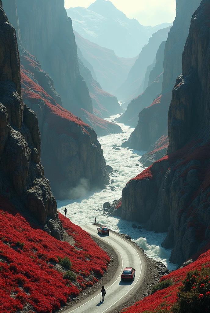 Danger road with rocks red carpet water