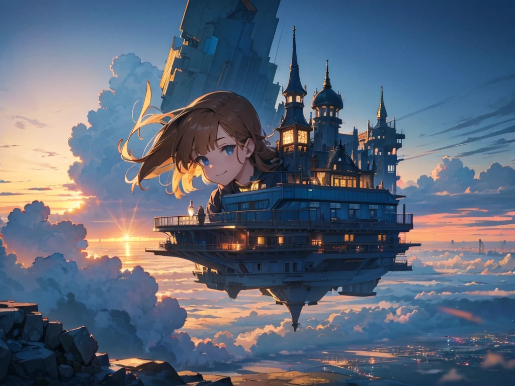Cities in the sky, A town above the clouds, A floating school city, you can see the horizon, There is a city below