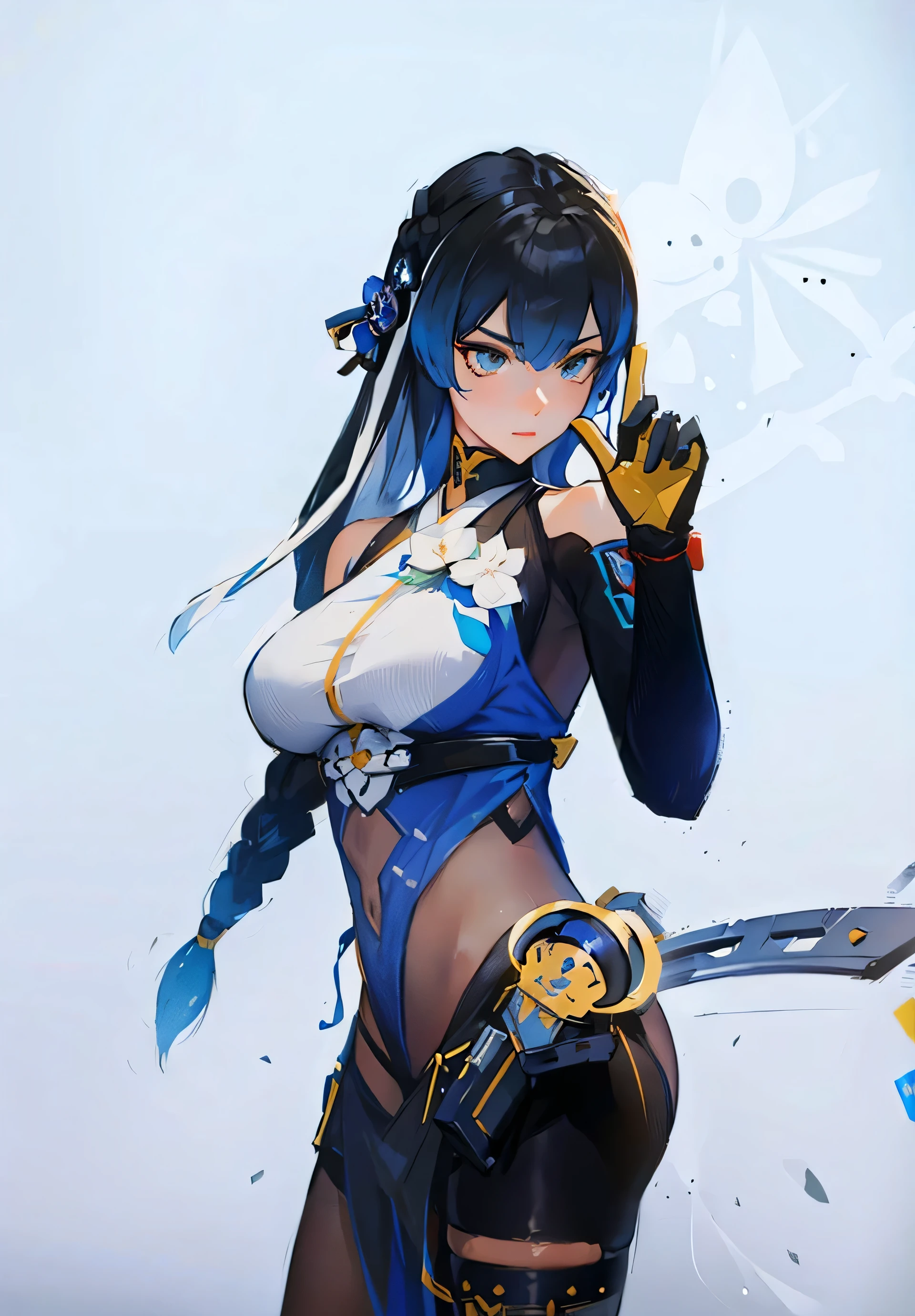 ((Best Quality, 8K, Masterpiece: 1.3)), best quality, ultra high res, a close up of a woman with a sci - fiorer on her arm, ayaka genshin impact, keqing from genshin impact, sigma female, from the azur lane videogame, azur lane style, from arknights, characters from azur lane, katana zero video game character, genshin, lunar themed attire
