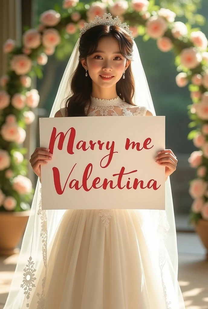 Twice's Dahyun in a wedding dress and a sign that says marry me valentina