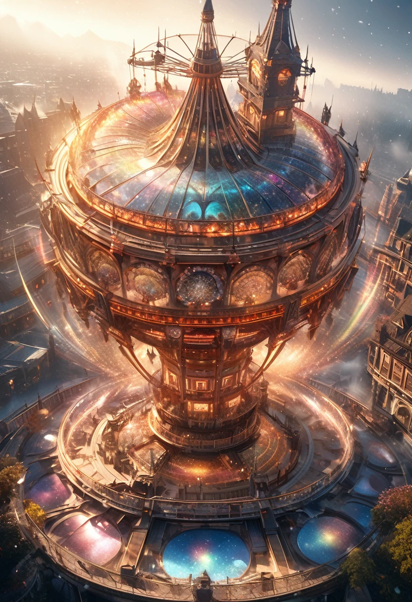 fusion of kaleidoscope, magic circle and Ferris wheel, four towers of copper-plated coils arranged on all four sides, shading effects, gradation magic effects, foggy filter effects, glitter effects, (ultra detailed, absolutely resolution, best quality:1.3), 2.5D, delicate and dynamic, artistic photography, hyper realistic, graphic CG digital fantasy art