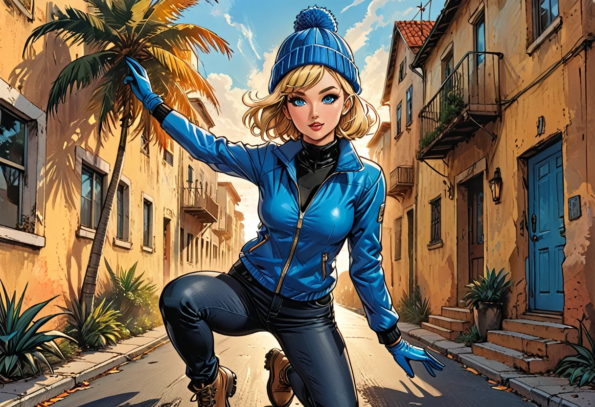 ((fullbody falling girl)), ((fall)), on the street in tropic, street, tropical street, palm trees,  arm extended forward,((falling girl in Blue zipped up down winter jacket and black turtleneck )) and (jeans) and blue gloves and (((blue winter hat)))) and black hiking boots, long legs in the air, adult, [Nordic], Hourglass elongated fitness body, perfect Olive skin, Oval Face, Long neck, Rounded shoulders, perfect hand, Attached Pointed ears, round forehead, (Short blonde Waves pixie hair), snub nose, Arched eyebrows, ((monolid blue Eyes)), High Round Narrow cheekbones, Dimpled Cheeks, Rounded Chin, Rounded Jawline, Full nude Lips, (blue eyes), Nude Makeup Look, long eyelashes, third breast size, long slim fitness legs in the air, graphic style of novel comics, perfect hands, 2d, 8k, hyperrealism, masterpiece, high resolution, best quality, ultra-detailed, super realistic, Hyperrealistic art, high-quality, ultra high res, highest detailed, lot of details, Extremely high-resolution details, incredibly lifelike, colourful, soft cinematic light, jump,