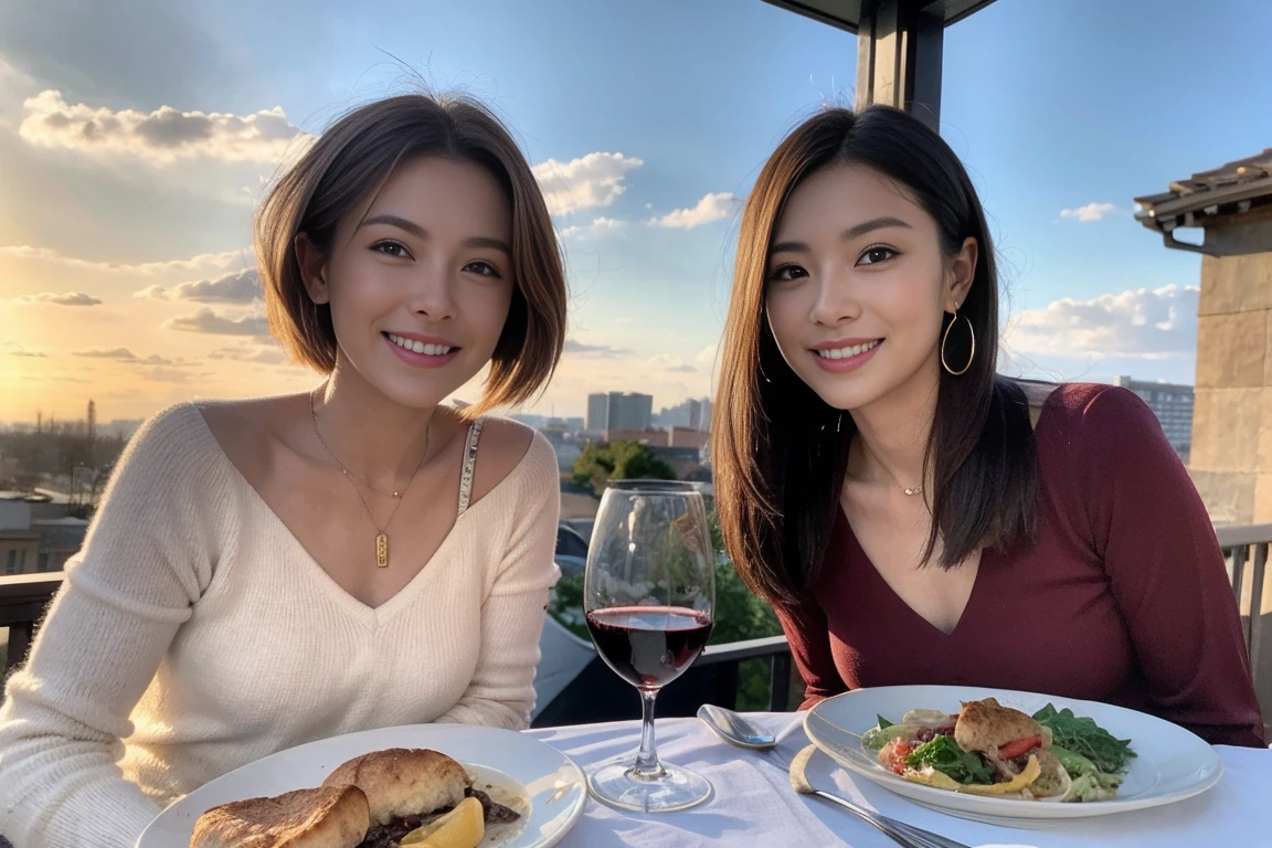 （Realistic:1.1）,(masterpiece,Highest quality)，8k,(49 years old), 53 years old, ベリーslimボディ、slimカップル、Tight waist,Upper Body,full-course dinner、wine 、Amazing view of the sunset sky and clouds、Perfect ???????, Brown Hair, short hair,Random Hairstyles,((Highly detailed face and eyes:1.2))，Perfect golden ratio face，Long sleeve shirt、dress,(smile:1.2)、Shortcuts、cute、(Realistic, Intricate details:1.2), A bright smile、short hair,Bright Face、赤wine 、Appetizers、Italian food、wine bottle、Champagne、スパークリングwine、(slimな顔), (The body is slim), (Brown Hair), (Shortcuts),  Upper Body, 白wine, slim, wineグラス, 