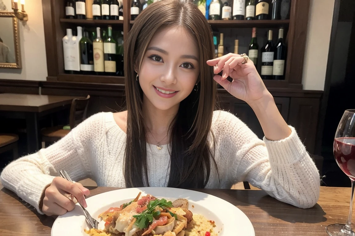（Realistic:1.1）,(masterpiece,Highest quality)，8k,(49 years old), 53 years old, ベリーslimボディ、slimカップル、Tight waist,Upper Body,full-course dinner、wine 、Amazing view of the sunset sky and clouds、Perfect Anatomy, Brown Hair, short hair,Random Hairstyles,((Highly detailed face and eyes:1.2))，Perfect golden ratio face，Long sleeve shirt、dress,(smile:1.2)、Shortcuts、cute、(Realistic, Intricate details:1.2), A bright smile、short hair,Bright Face、赤wine 、Appetizers、Italian food、wine bottle、Champagne、スパークリングwine、(slimな顔), (The body is slim), (Brown Hair), (Shortcuts),  Upper Body, 白wine, slim, wineグラス, 