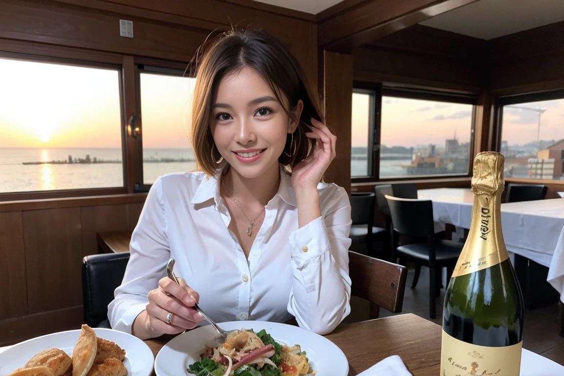 (Realistic:1.1),(masterpiece,Highest quality),8k,(49 years old), 53 years old, ベリーslimボディ、slimカップル、Tight waist,Upper Body,full-course dinner、wine 、Amazing view of the sunset sky and clouds、Perfect ???????, Brown Hair, short hair,Random Hairstyles,((Highly detailed face and eyes:1.2)),Perfect golden ratio face,Long sleeve shirt、dress,(smile:1.2)、Shortcuts、cute、(Realistic, Intricate details:1.2), A bright smile、short hair,Bright Face、赤wine 、Appetizers、Italian food、wine bottle、Champagne、スパークリングwine、(slimな顔), (The body is slim), (Brown Hair), (Shortcuts), Upper Body, 白wine, slim, wineグラス,