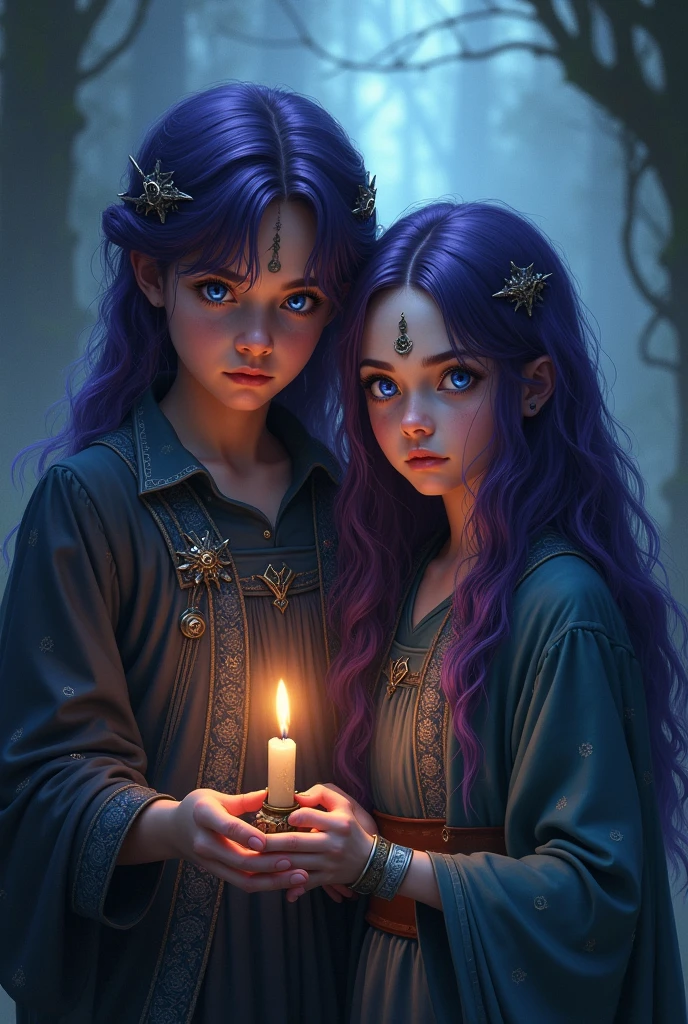 Seven years old aged, long haired boy, and short haired girl, siblings, with violet hair and blue eyes, greeks, Hecate devotees, dark magicians