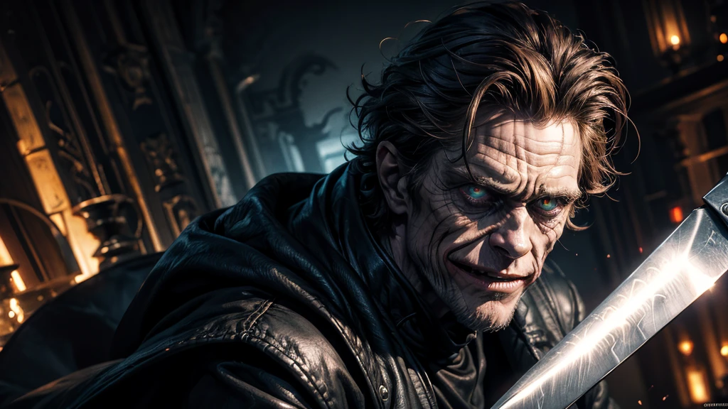 a close up of a person with a knife in their hand, willem dafoe in plague knight, doing the bateman stare, willem dafoe as the joker, willem dafoe as scarecrow, he's very menacing and evil, willem dafoe as a sith lord, detailed 4k horror artwork, pulp character portrait, portrait demon half human, his eyes are bleeding intense full body