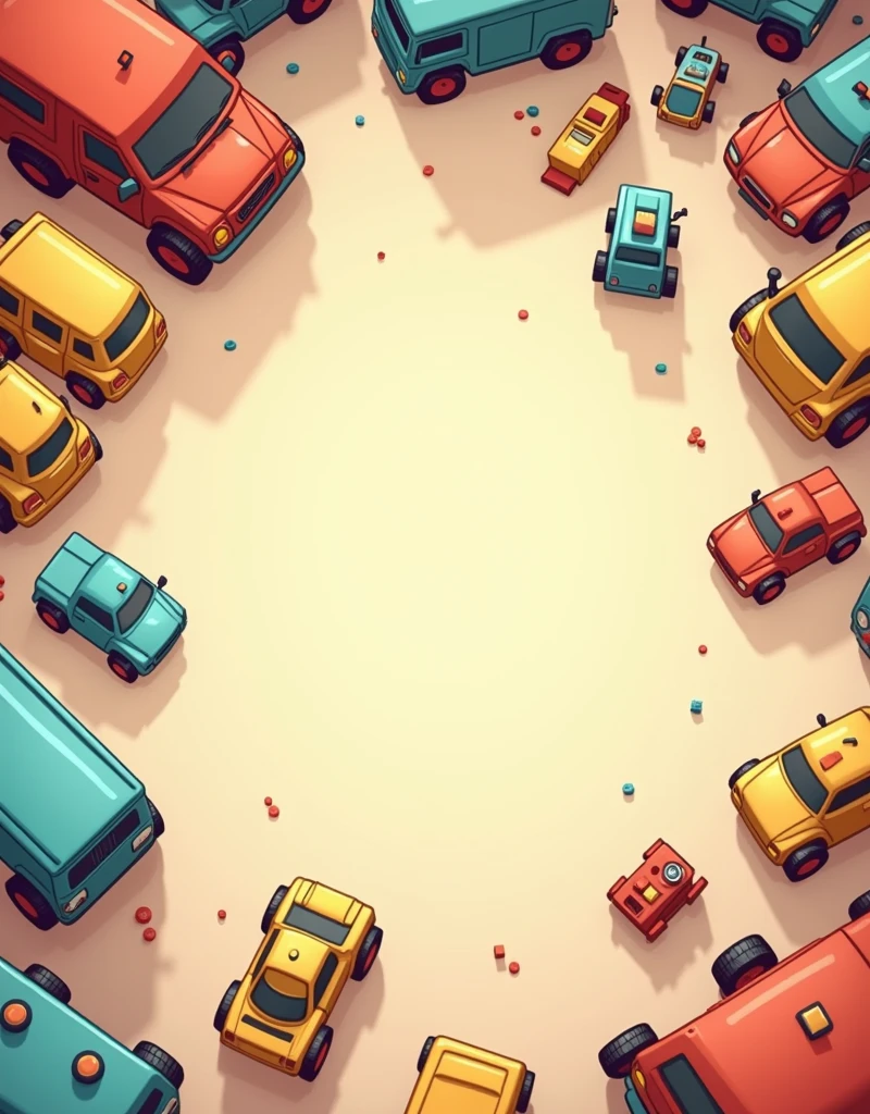 top view; style: cartoon: (The center of the floor will be empty, the toys will be scattered around and the background will be transparent.)