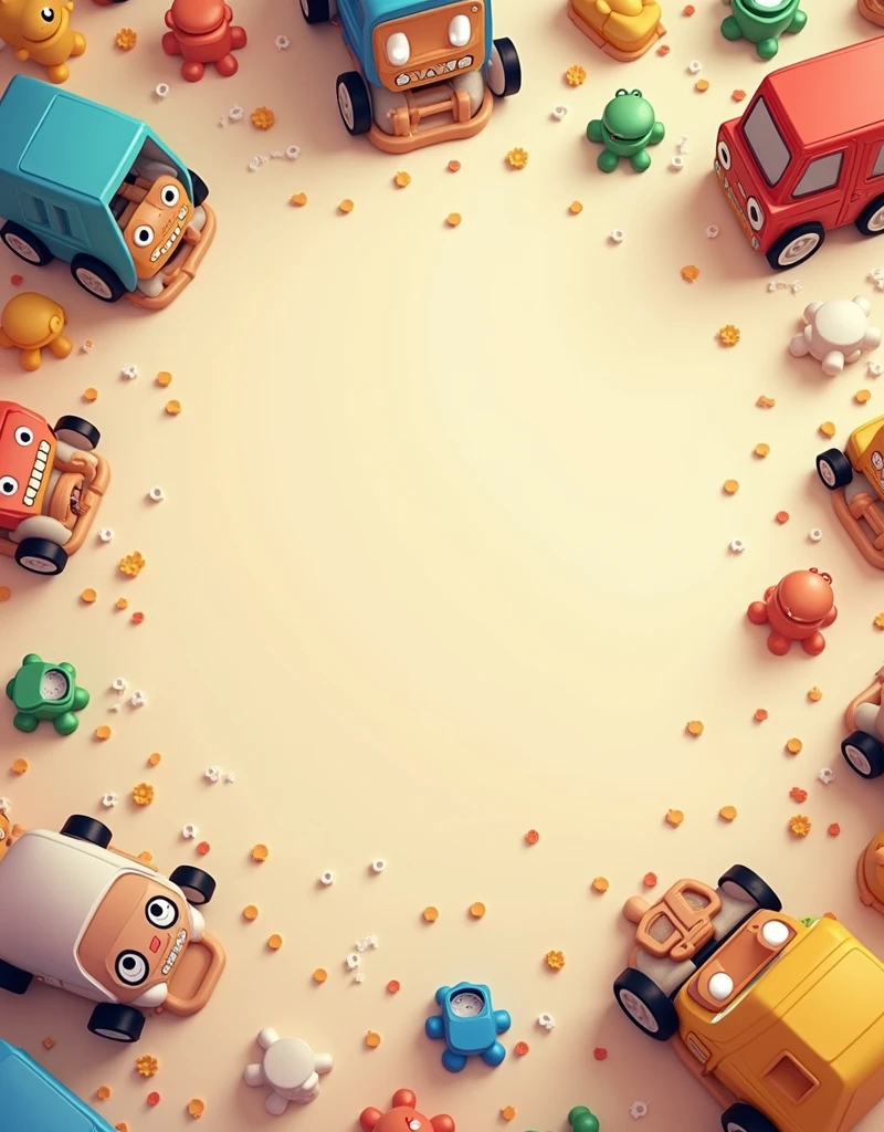 top view; style: cartoon: (The center of the floor will be empty, the toys will be scattered around and the background will be transparent.)