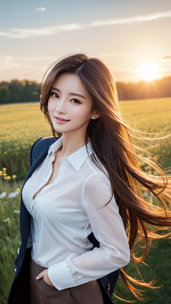 highest quality、genuine、Super detailed、finely、High resolution、8k wallpaper、one beautiful woman、、、light brown disheveled hair、wearing a business suit、sharp focus、perfect dynamic composition、beautiful and detailed eyes、thin hair、Detailed genuine skin texture、smile、model body shape、In a windswept meadow