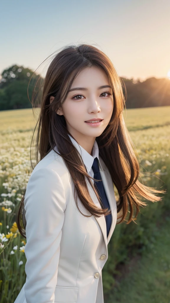highest quality、genuine、Super detailed、finely、High resolution、8k wallpaper、one beautiful woman、、、light brown disheveled hair、wearing a business suit、sharp focus、perfect dynamic composition、beautiful and detailed eyes、thin hair、Detailed genuine skin texture、smile、model body shape、In a windswept meadow