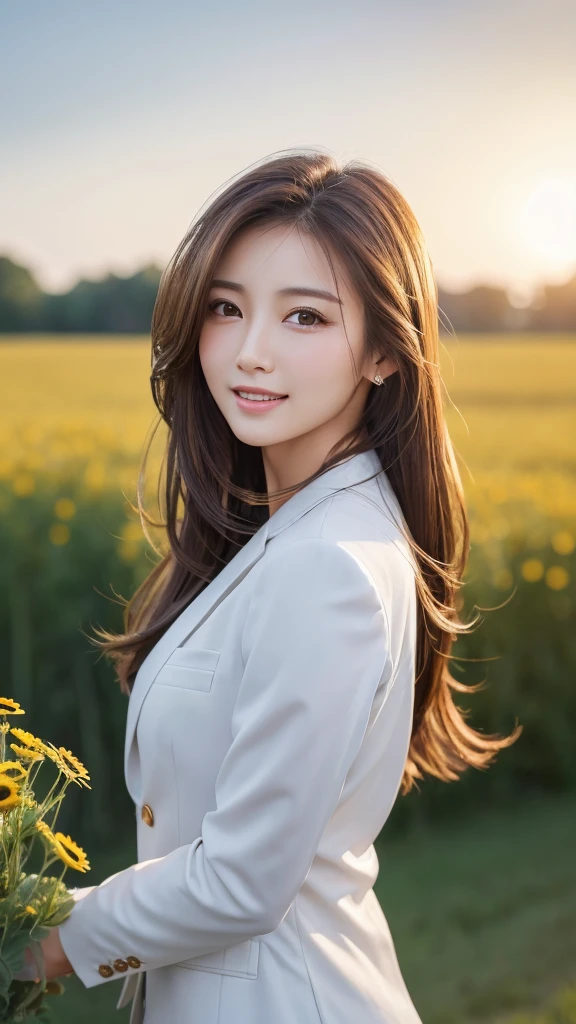 highest quality、genuine、Super detailed、finely、High resolution、8k wallpaper、one beautiful woman、、、light brown disheveled hair、wearing a business suit、sharp focus、perfect dynamic composition、beautiful and detailed eyes、thin hair、Detailed genuine skin texture、smile、model body shape、In a windswept meadow