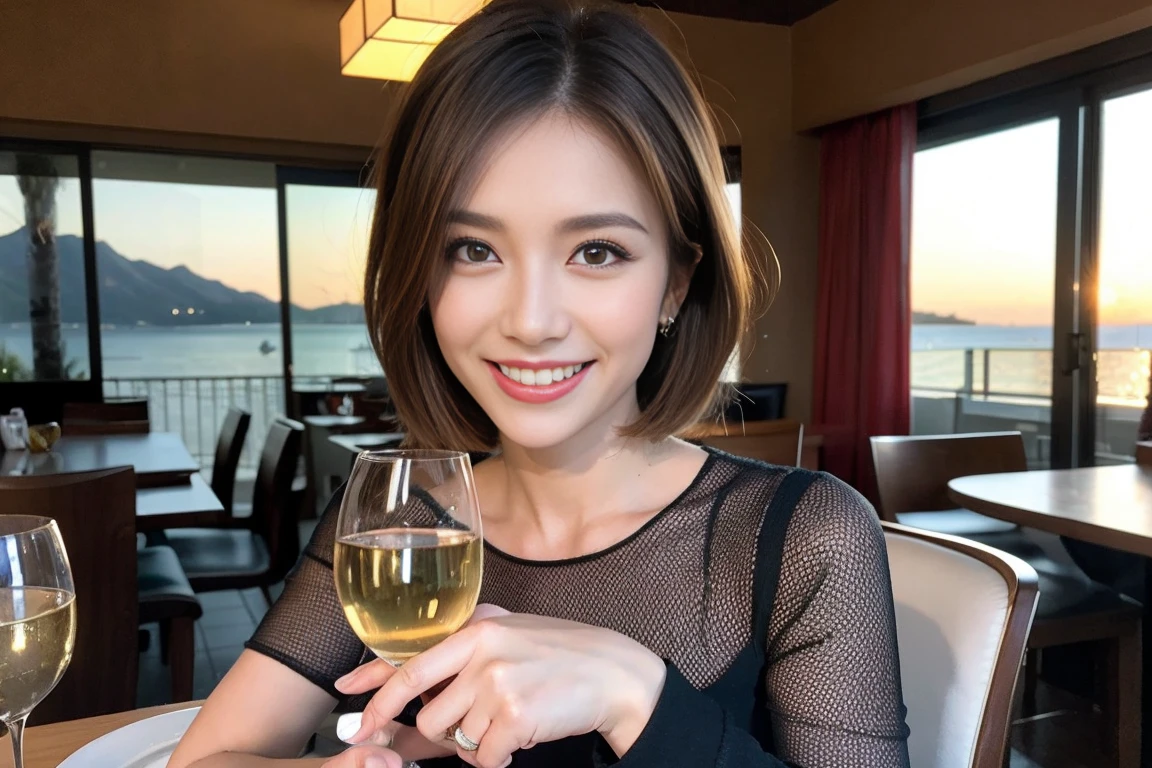 (Realistic:1.1),(masterpiece,Highest quality),8k,(49 years old), 53 years old, ベリーslimボディ、slimカップル、Tight waist,Upper Body,full-course dinner、wine 、Amazing view of the sunset sky and clouds、Perfect Anatomy, Brown Hair, short hair,Random Hairstyles,((Highly detailed face and eyes:1.2)),Perfect golden ratio face,Long sleeve shirt、dress,(smile:1.2)、Shortcuts、cute、(Realistic, Intricate details:1.2), A bright smile、short hair,Bright Face、赤wine 、Appetizers、Italian food、wine bottle、Champagne、スパークリングwine、(slimな顔), (The body is slim), (Brown Hair), (Shortcuts), Upper Body, 白wine, slim, wineグラス,
