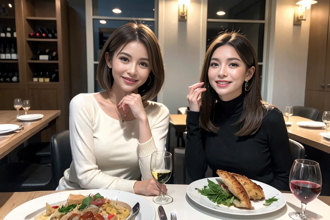 (Realistic:1.1),(masterpiece,Highest quality),8k,(49 years old), 53 years old, ベリーslimボディ、slimカップル、Tight waist,Upper Body,full-course dinner、wine 、Amazing view of the sunset sky and clouds、Perfect Anatomy, Brown Hair, short hair,Random Hairstyles,((Highly detailed face and eyes:1.2)),Perfect golden ratio face,Long sleeve shirt、dress,(smile:1.2)、Shortcuts、cute、(Realistic, Intricate details:1.2), A bright smile、short hair,Bright Face、赤wine 、Appetizers、Italian food、wine bottle、Champagne、スパークリングwine、(slimな顔), (The body is slim), (Brown Hair), (Shortcuts), Upper Body, 白wine, slim, wineグラス,