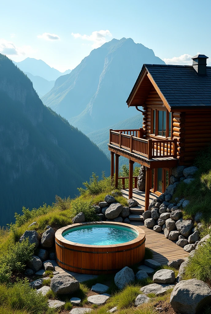 The image is a landscape photograph of a beautiful mountain scene. The photograph is taken from a high vantage point, looking down on a hot tub in the center of the image. The hot tub is surrounded by rocks and boulders, and there is a wooden cabin on the left side of the frame. The cabin has a sloping roof and is made of wood, with a balcony overlooking the mountains. The mountains in the background are covered in green trees and shrubs, and the sky is a deep blue. The overall mood of the photograph is peaceful and serene.