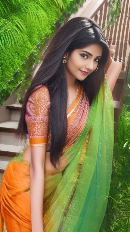 early morning scenario, sunrise scattering colors , ultrarealistic photography, incredible detailing, angelic beautiful, dusky south indian 25 years old girl, wearing net saree blouse petticoat, smiles, properly combed long hair, climbing down the stairs of a beautiful big house, house surrounded by trees, facing camera, focus on her, long shot, eye level shot, wide angle, ((zepto metric background detailing)), (masterpiece), ((intricate face features detailing)), photorealistic, photorealism, UHD image, 4k, 8k, 16k, zeta pixel image