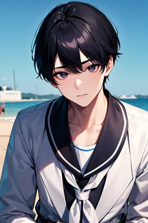 1 male, black eye, black hair, korean, Short hair, 8k, High quality, 18 years old, amazing, Model, Handsome 소년, amazing, artist, Fujifilm, natural light, A little laugh, White sailor's suit, Blue sailor suit, Handsome