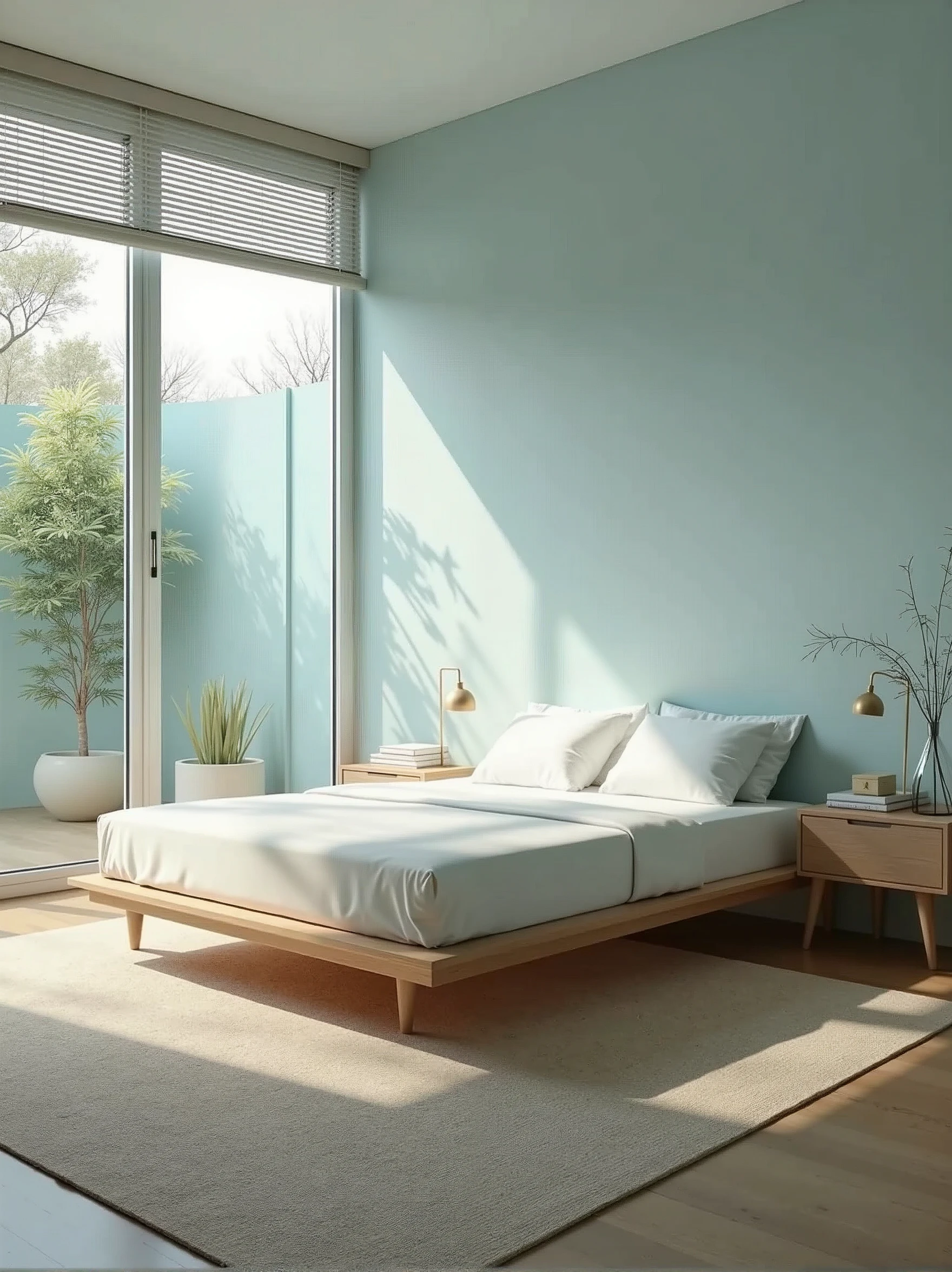 Generate a bedroom elevation,There is only a fitted sheet on the bed frame, no quilt. ,There is a window behind the bed,The window is the courtyard scenery,The overall hue is blue,There are two bedside tables on the left and right of the bed.,There are things on the bedside table.,Beige carpet under the bed