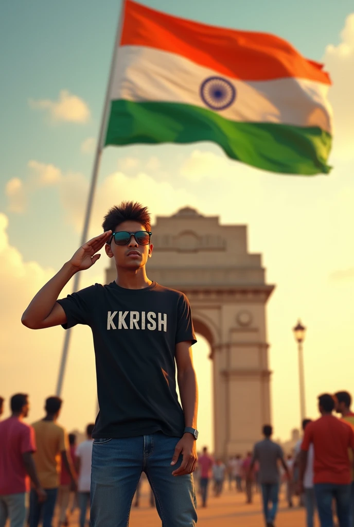 Create a Realistic picture of an 18-year old boy wearing a black t shirt and blue jeans.he is saluting a big flying Indian flag, with the india gate in the background. The name "KRRISH" on is written"t shirt in bold letters, sunglasses. The overall image should have a divine background, reminiscent of republic day, with people celebrating